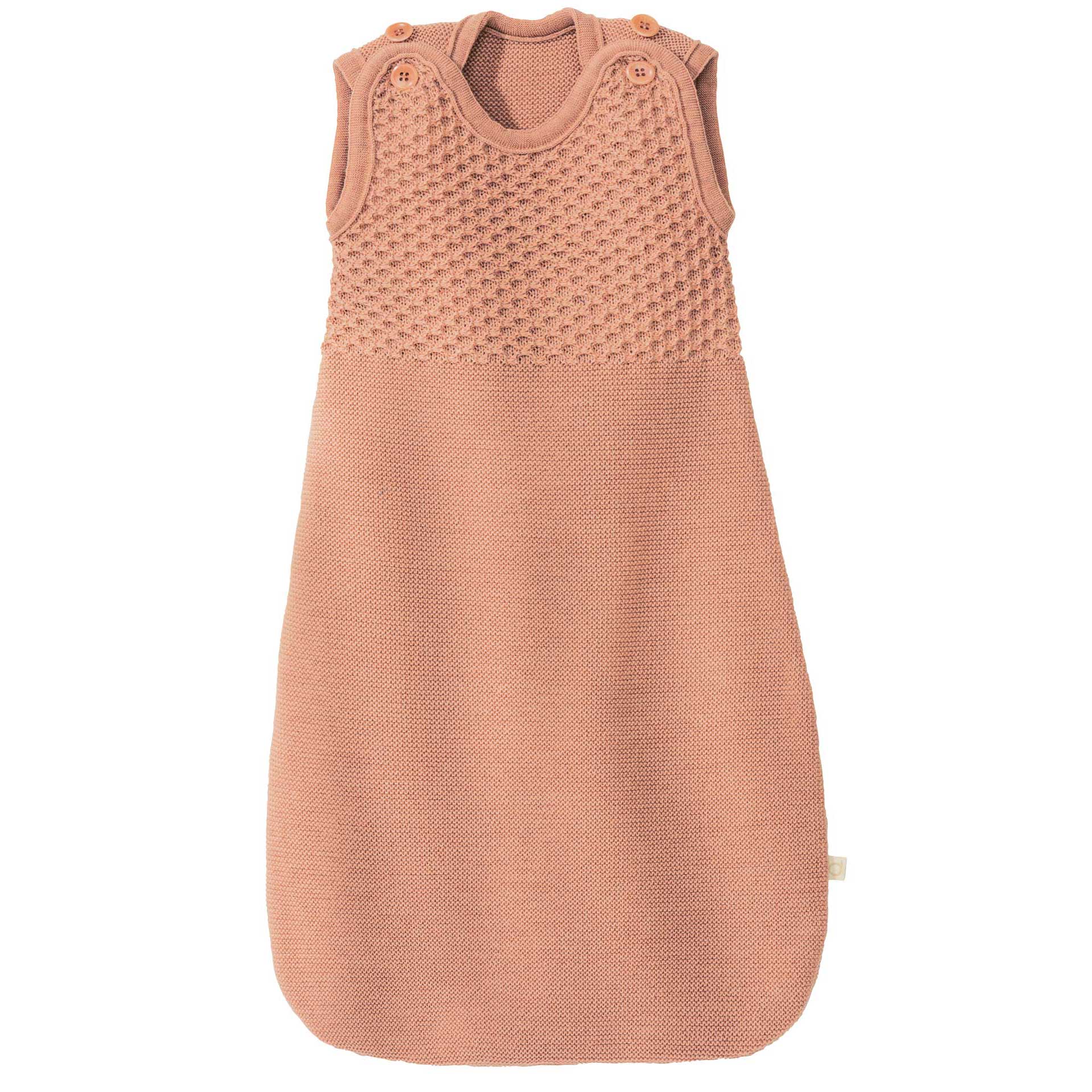 disana Träger-Schlafsack, Rosé, Strick aus Bio-Merinowolle mit breiten Trägern, oben im Wabenstrick, unten Links/Links-Strick