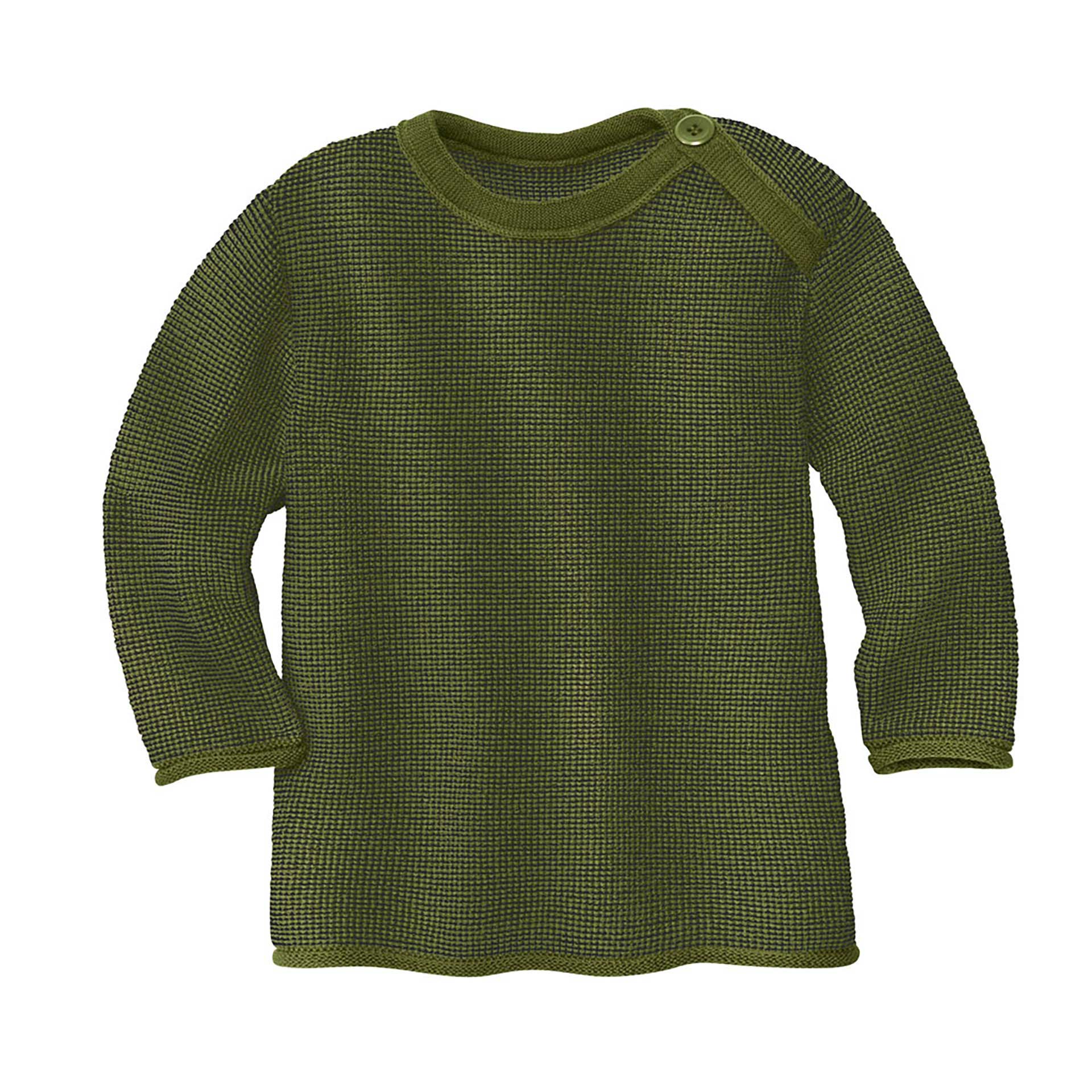 disana Melange-Pullover, 50/56-98/104 Oliv-Anthrazit aus Bio-Merinowolle mit Knopfverschluss & Rollbündchen an Armen & Beinen